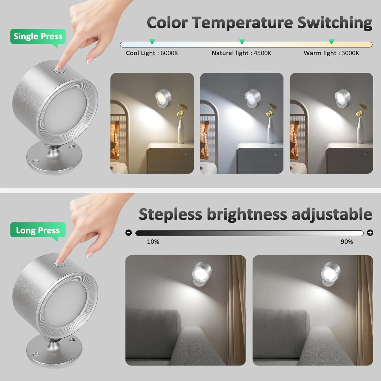 LED Reading Lights, Wall Lights Sconces with Remote Rechargeable Battery Operated, 3 Color Temperatures & Dimmable Light Magnetic Ball 360°Rotation, Lamps for Study Bedside Closet