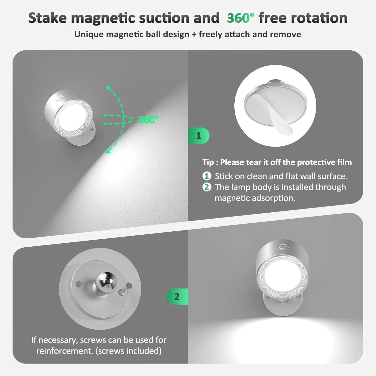 LED Reading Lights, Wall Lights Sconces with Remote Rechargeable Battery Operated, 3 Color Temperatures & Dimmable Light Magnetic Ball 360°Rotation, Lamps for Study Bedside Closet