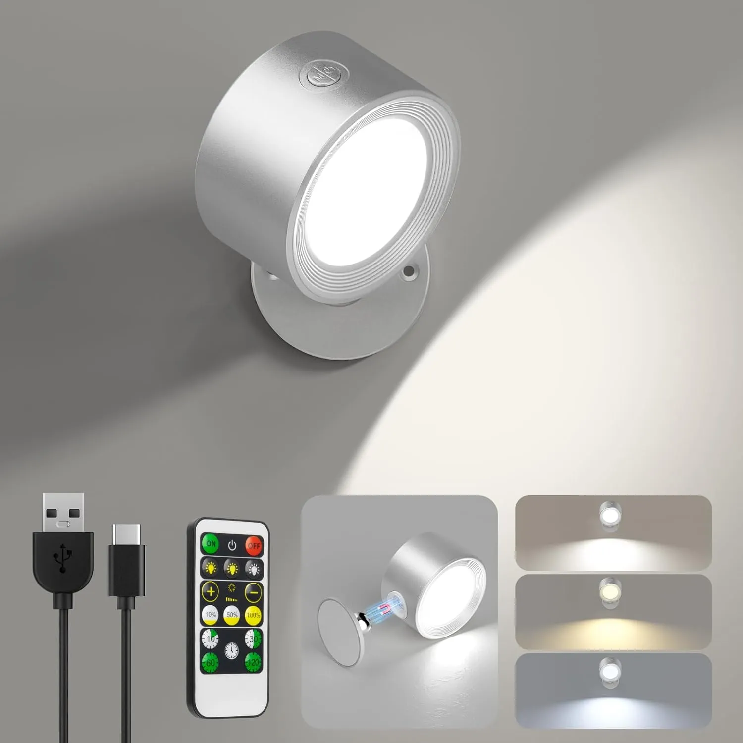 LED Reading Lights, Wall Lights Sconces with Remote Rechargeable Battery Operated, 3 Color Temperatures & Dimmable Light Magnetic Ball 360°Rotation, Lamps for Study Bedside Closet