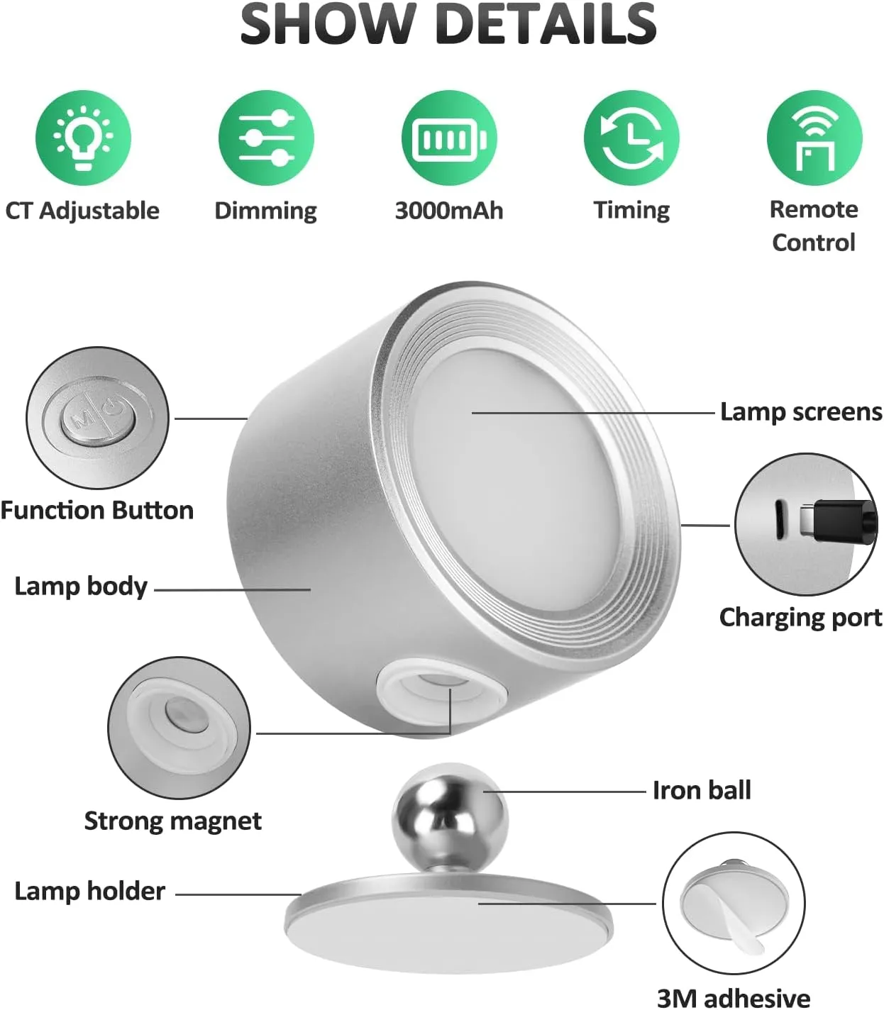 LED Reading Lights, Wall Lights Sconces with Remote Rechargeable Battery Operated, 3 Color Temperatures & Dimmable Light Magnetic Ball 360°Rotation, Lamps for Study Bedside Closet