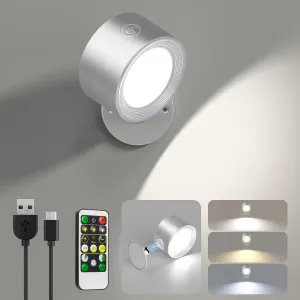 LED Reading Lights, Wall Lights Sconces with Remote Rechargeable Battery Operated, 3 Color Temperatures & Dimmable Light Magnetic Ball 360°Rotation, Lamps for Study Bedside Closet