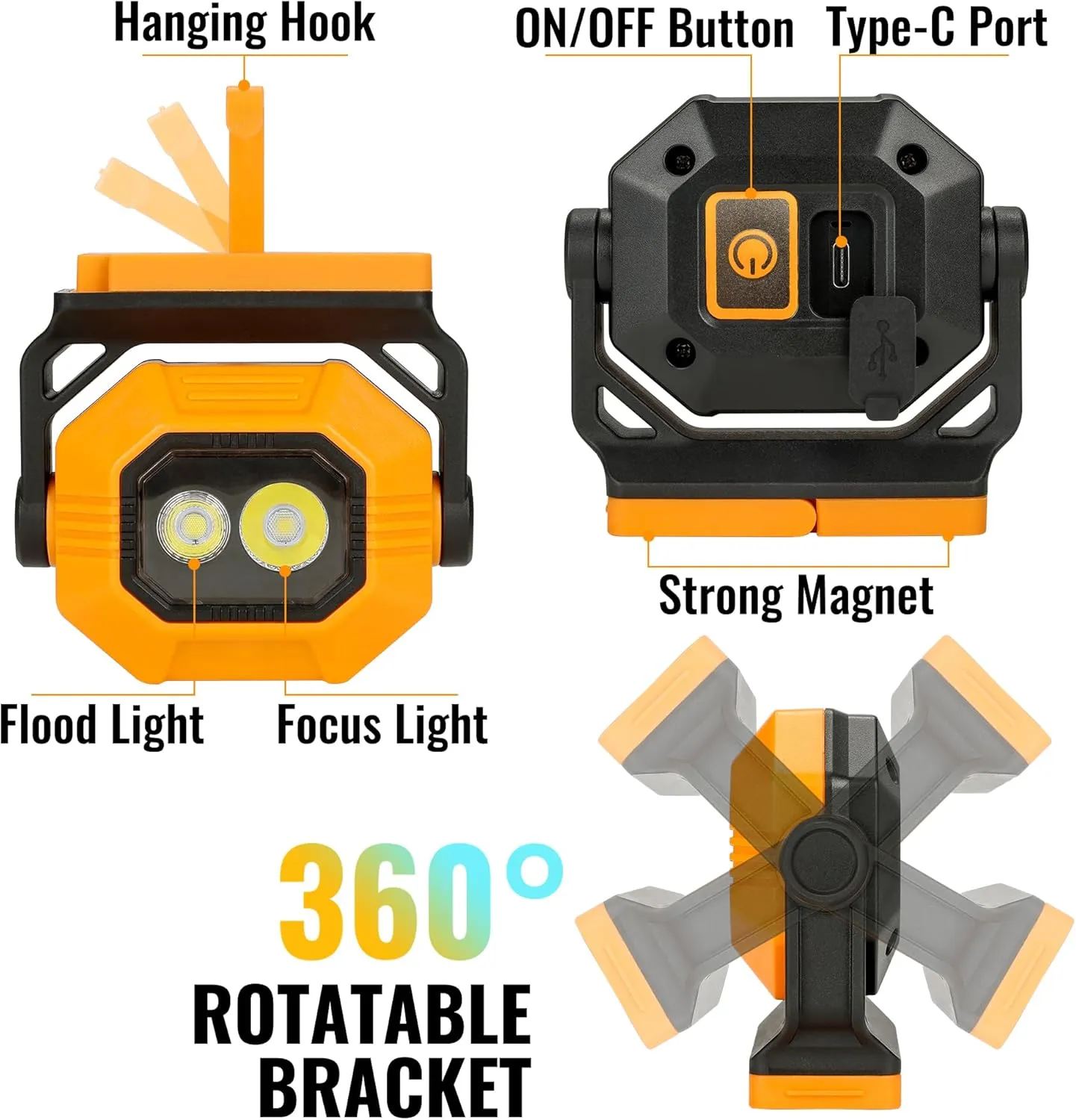 LED Rechargeable Work Light, 1500LM Portable COB Magnetic Lights with 3 Modes & 360° Rotatable, IPX4 Waterproof Worklight for Car Repairing, Job Site Lighting, Emergency (1 PC)