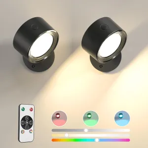 LED Wall Lights 2 Pcs with Remote, RGB Ambience Wall Sconces Lamp 3000mAh Rechargeable Battery Operated, 3 Color Temp & Dimmable Magnetic 360° Rotation Cordless Light for Living Room Bedside