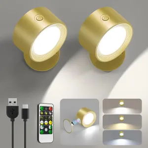 LED Wall Lights 2 Pcs with Remote, Wall Sconces Lamp Rechargeable Battery Operated, 3 Color Temperatures & Dimmable Magnetic 360° Rotation Cordless for Bedroom Bedside