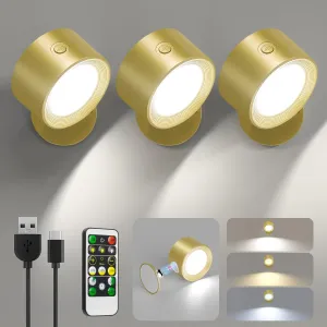 LED Wall Lights 3 Pcs with Remote, Sconces Lamp Rechargeable Battery Operated, 3 Color Temperatures & Dimmable Magnetic 360° Rotation Cordless for Bedroom Bedside