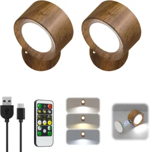 LED Wall Lights with Remote, 2 Pcs Rechargeable Wall Mounted Reading Sconces Lamp 3000mAh, 3 Colors & Dimmable Magnetic 360° Rotation Cordless Wall Lighting Spotlights for Bedroom Bedside Hallway