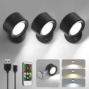 LED Wall Mounted Lights 3 Pcs with Remote, Wall Sconces Lamp 3000mAh Rechargeable Battery Operated, 3 Color Temperatures & Dimmable Magnetic 360° Rotation Cordless Light for Bedroom Bedside