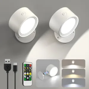 LED Wall Sconces 2 Pcs with Remote, Wall Mounted Lights Rechargeable Battery Operated, 3 Color Temperatures & Dimmable Wall Lamp Magnetic 360° Rotation Wireless Light for Bedroom Living Room