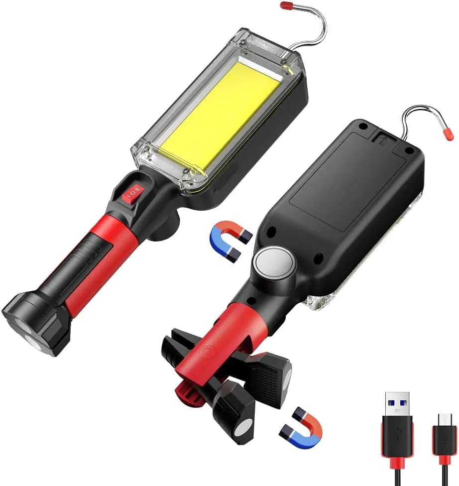 LED Work Light Rechargeable with 2 Magnetic Base, IPX4 Waterproof, 8000K COB Panel & 360° Rotating Hook - 6H Runtime, Portable Clamp Light for Workshop, Garage, Automotive, Job Site