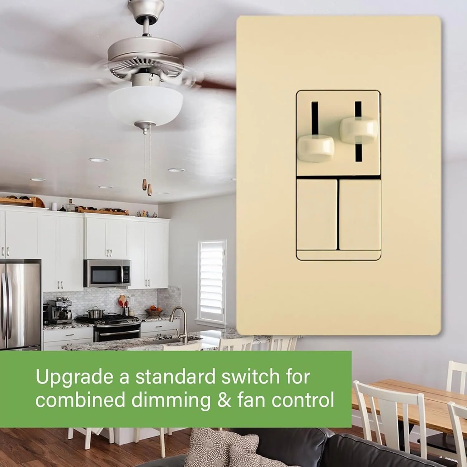 Legrand Pass & Seymour LSCLDC163PI 450W LS Series Preset Dimmer Light Switch for Dimmable LED and CFL Bulbs Plus 1.6A Fan Control, Single Pole/3-Way, Ivory (1 Count)