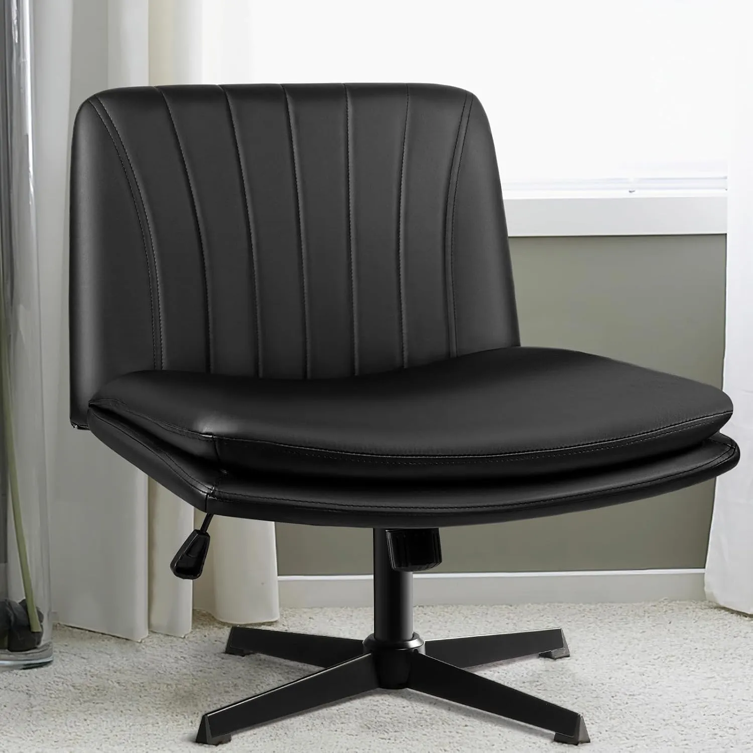 LEMBERI PU Leather Armless Office Desk Chair No Wheels,Criss Cross Legged Wide Padded Swivel Vanity Chair,120°Rocking Mid Back Ergonomic Computer Task Chair for Home, Make Up,Small Space