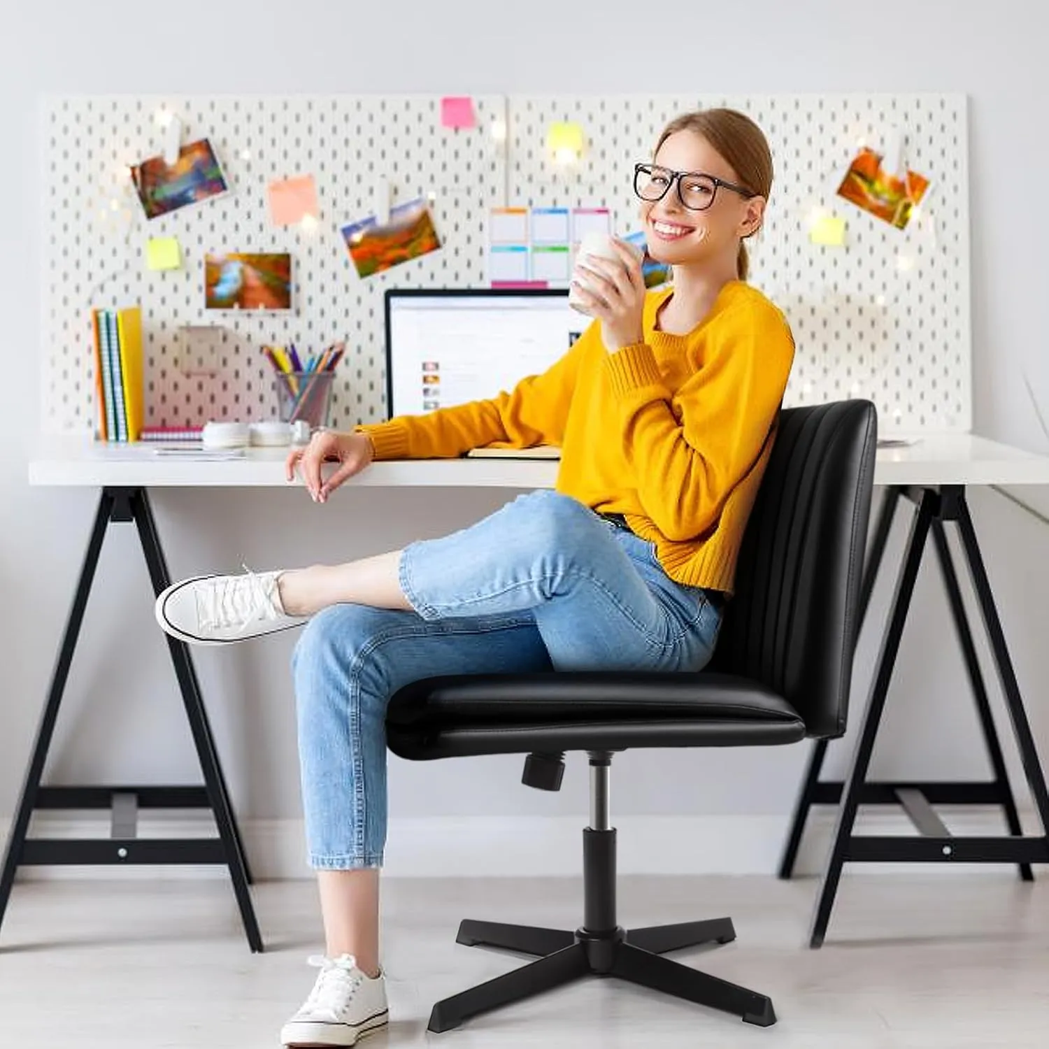 LEMBERI PU Leather Armless Office Desk Chair No Wheels,Criss Cross Legged Wide Padded Swivel Vanity Chair,120°Rocking Mid Back Ergonomic Computer Task Chair for Home, Make Up,Small Space