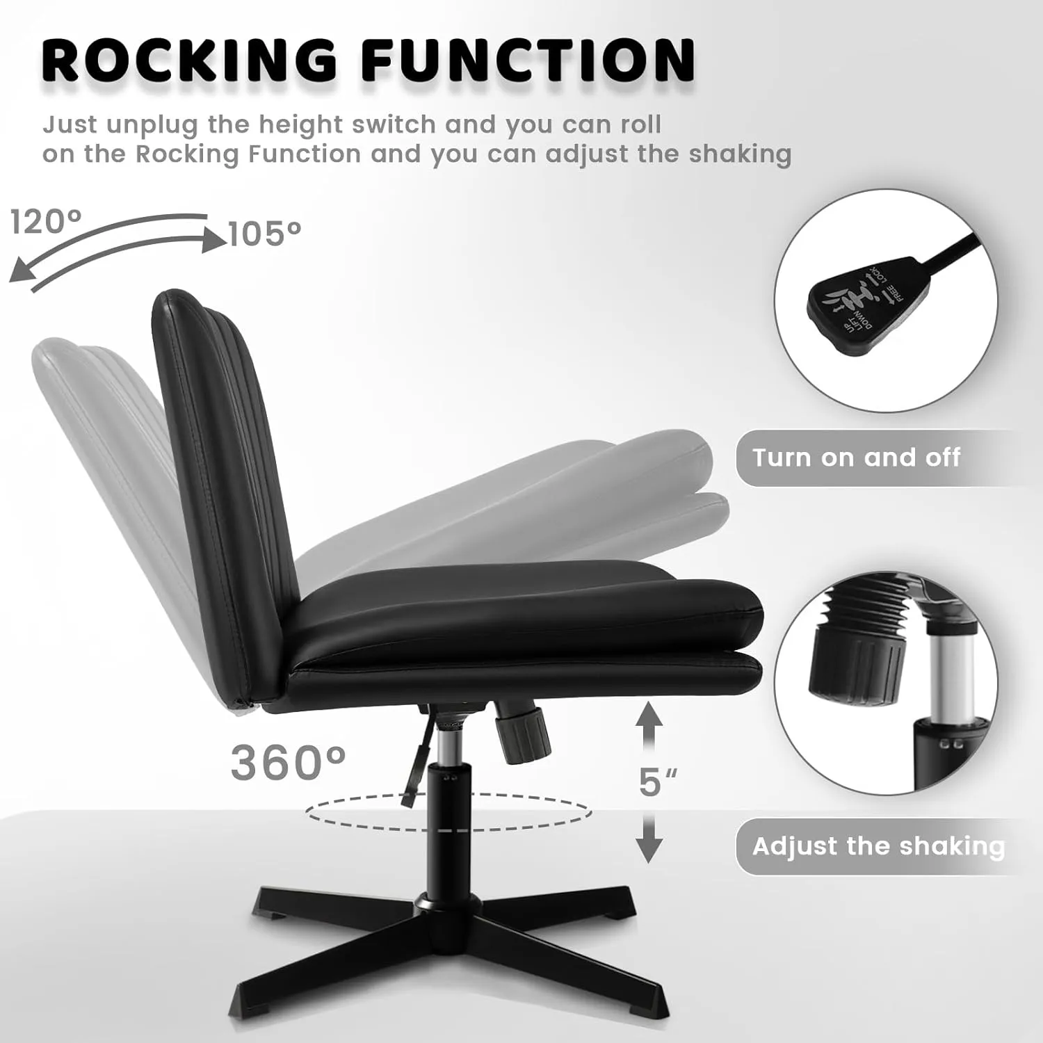 LEMBERI PU Leather Armless Office Desk Chair No Wheels,Criss Cross Legged Wide Padded Swivel Vanity Chair,120°Rocking Mid Back Ergonomic Computer Task Chair for Home, Make Up,Small Space
