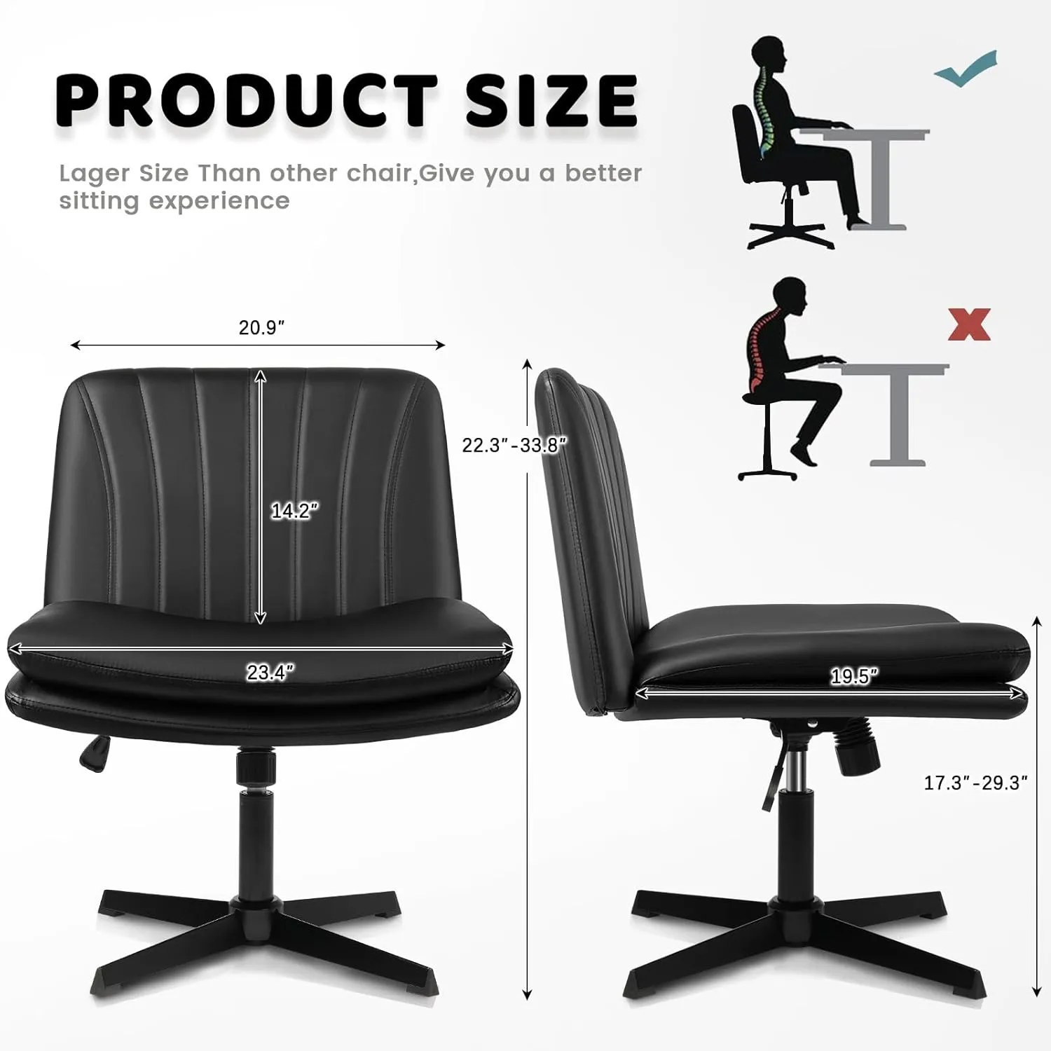 LEMBERI PU Leather Armless Office Desk Chair No Wheels,Criss Cross Legged Wide Padded Swivel Vanity Chair,120°Rocking Mid Back Ergonomic Computer Task Chair for Home, Make Up,Small Space