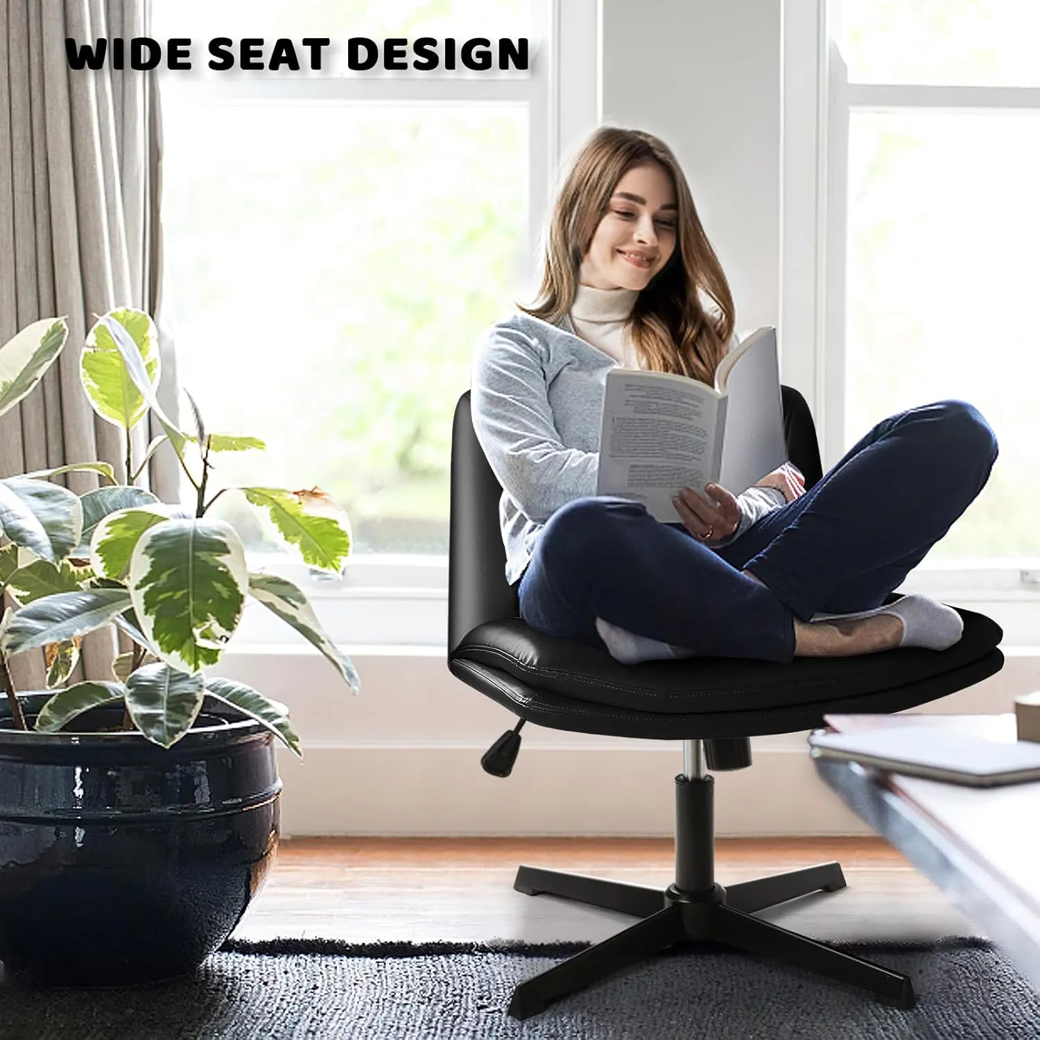 LEMBERI PU Leather Armless Office Desk Chair No Wheels,Criss Cross Legged Wide Padded Swivel Vanity Chair,120°Rocking Mid Back Ergonomic Computer Task Chair for Home, Make Up,Small Space