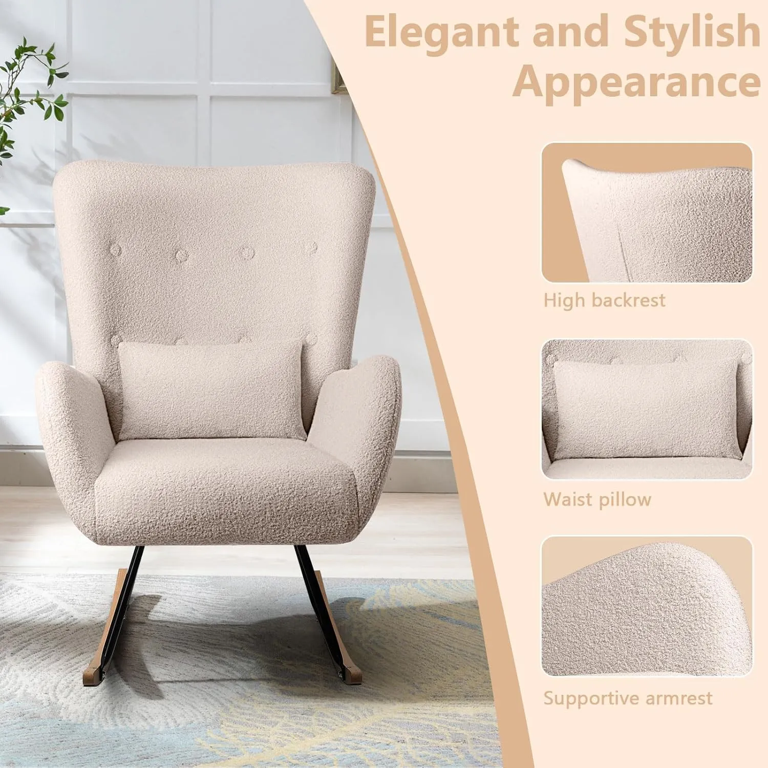 LEMBERI Rocking Chair Nursery, Teddy Upholstered Padded Seat Rocking Chair with Headrest, High Backrest Glider Accent Chair for Bedroom, Living Room