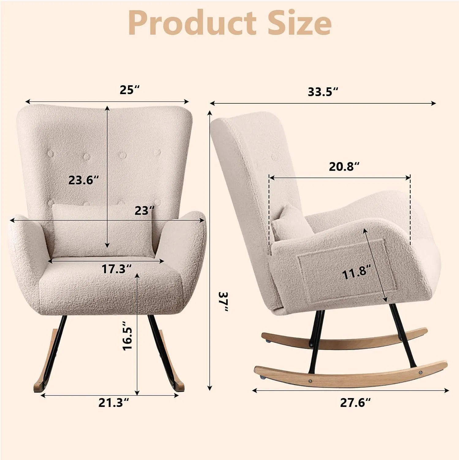 LEMBERI Rocking Chair Nursery, Teddy Upholstered Padded Seat Rocking Chair with Headrest, High Backrest Glider Accent Chair for Bedroom, Living Room