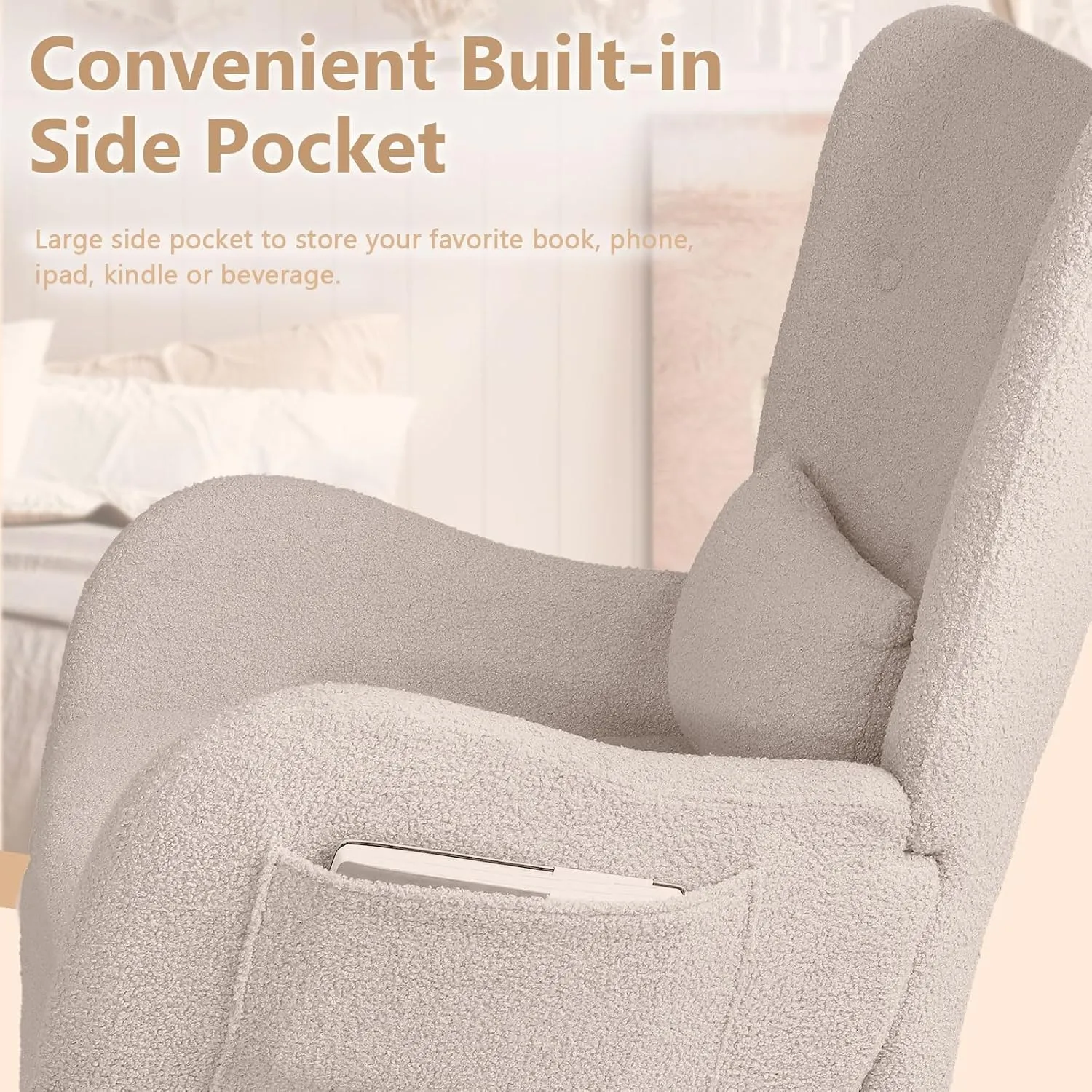 LEMBERI Rocking Chair Nursery, Teddy Upholstered Padded Seat Rocking Chair with Headrest, High Backrest Glider Accent Chair for Bedroom, Living Room