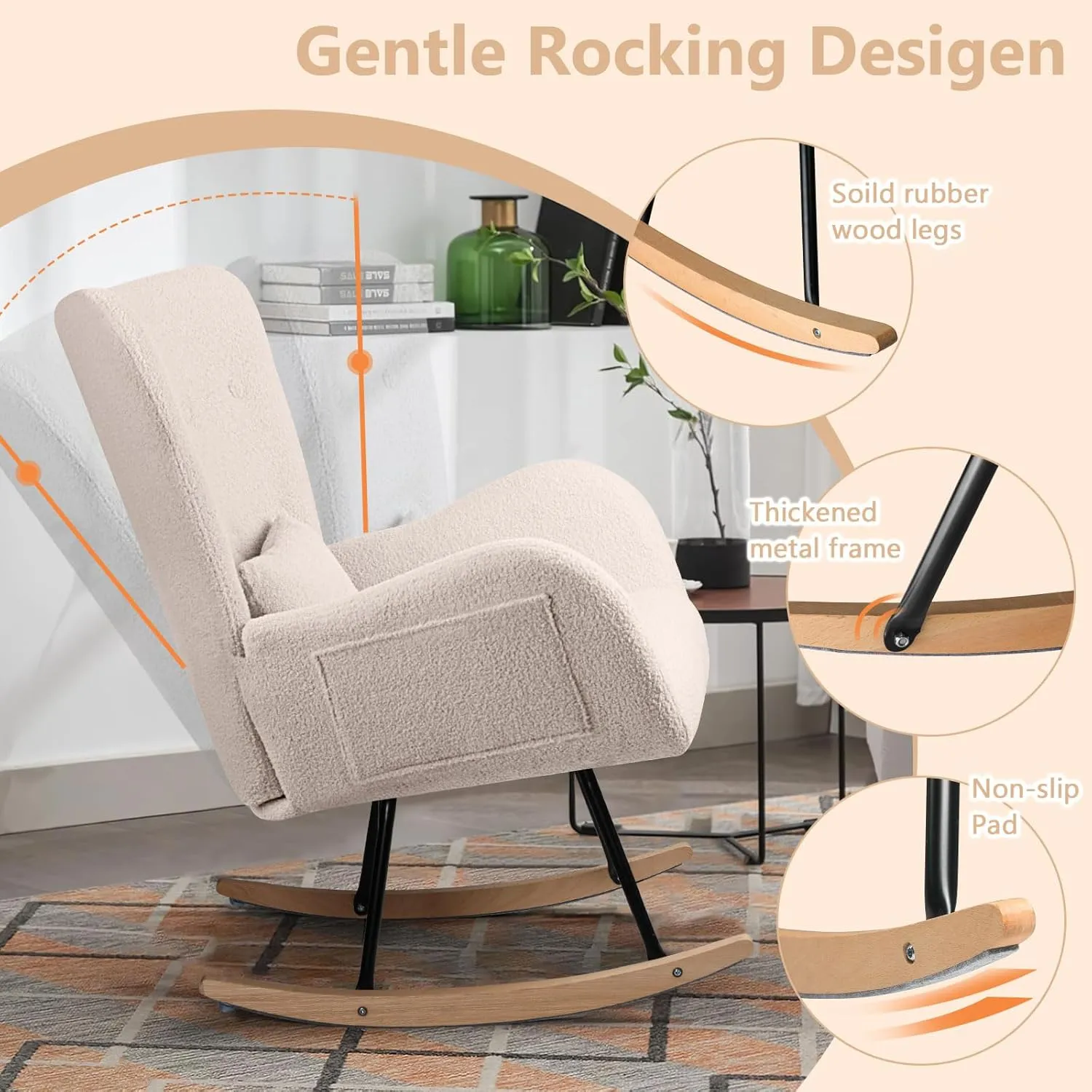 LEMBERI Rocking Chair Nursery, Teddy Upholstered Padded Seat Rocking Chair with Headrest, High Backrest Glider Accent Chair for Bedroom, Living Room
