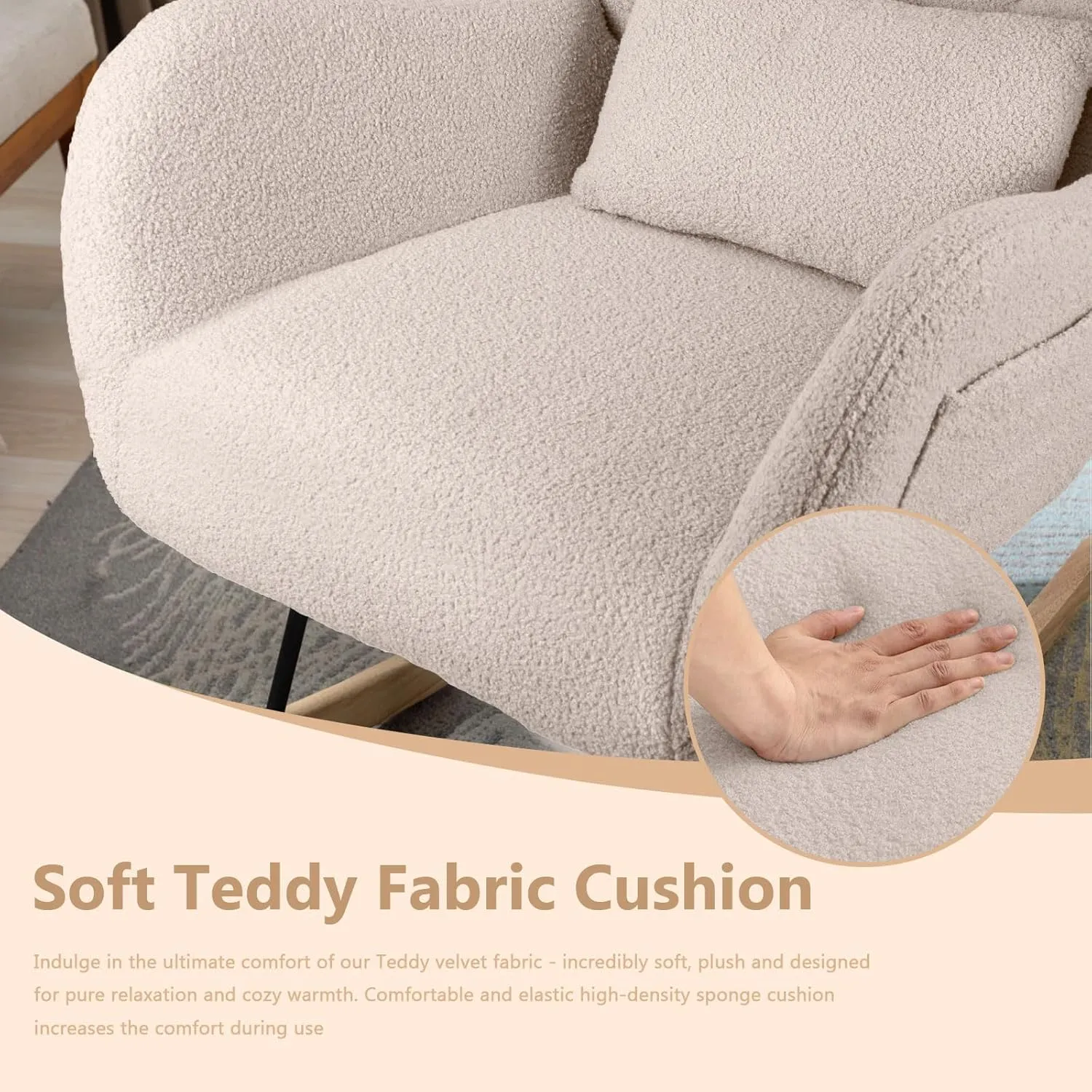 LEMBERI Rocking Chair Nursery, Teddy Upholstered Padded Seat Rocking Chair with Headrest, High Backrest Glider Accent Chair for Bedroom, Living Room