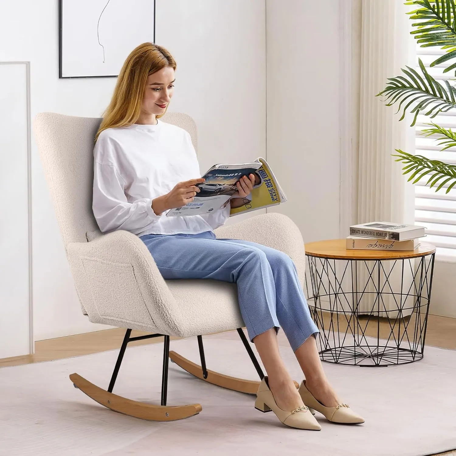 LEMBERI Rocking Chair Nursery, Teddy Upholstered Padded Seat Rocking Chair with Headrest, High Backrest Glider Accent Chair for Bedroom, Living Room