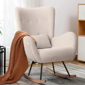 LEMBERI Rocking Chair Nursery, Teddy Upholstered Padded Seat Rocking Chair with Headrest, High Backrest Glider Accent Chair for Bedroom, Living Room