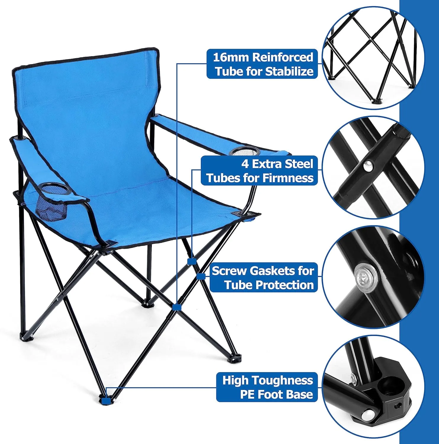 Leonyo Folding Camping Chair, Portable Outdoor Lawn Chair for Adults with Cup Holders, Carrying Bag for Outside Beach, Hiking, Sports, Blue