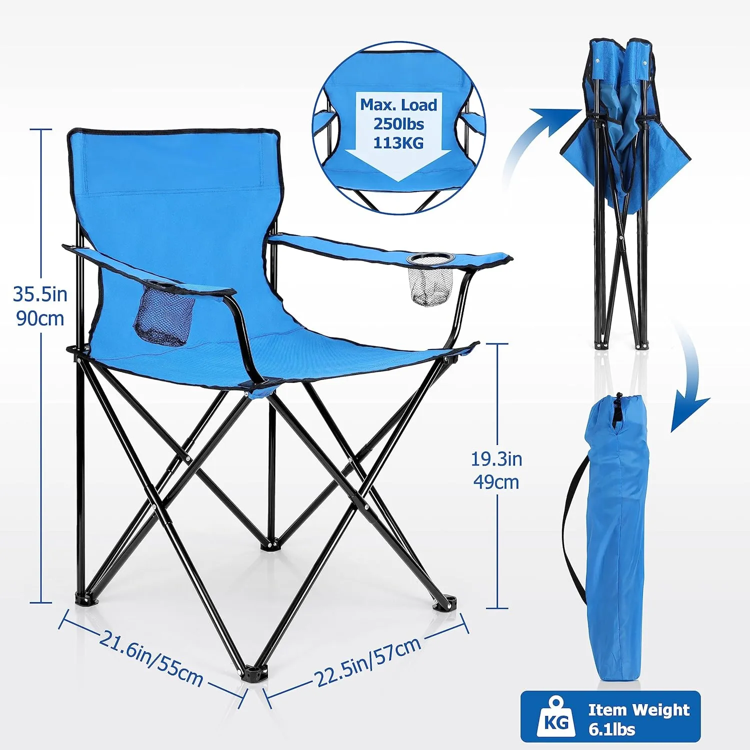 Leonyo Folding Camping Chair, Portable Outdoor Lawn Chair for Adults with Cup Holders, Carrying Bag for Outside Beach, Hiking, Sports, Blue