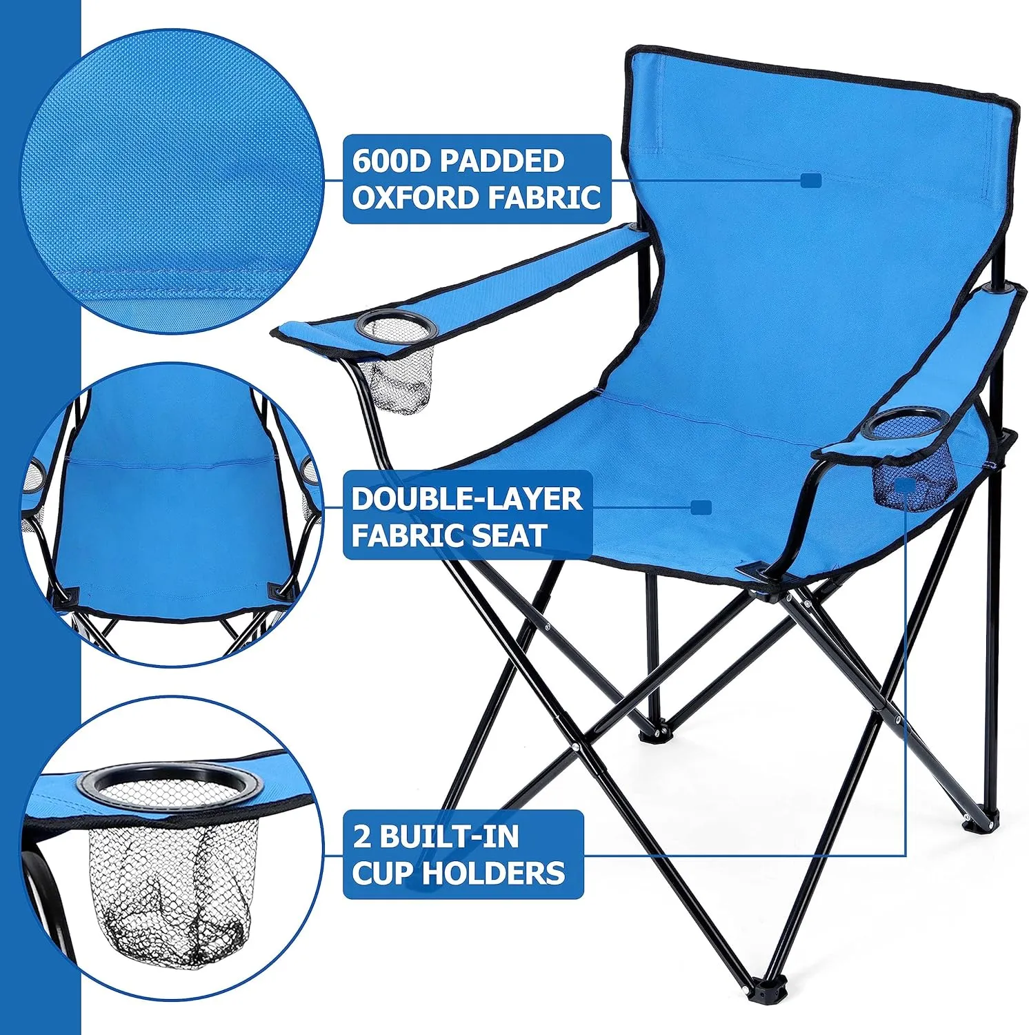 Leonyo Folding Camping Chair, Portable Outdoor Lawn Chair for Adults with Cup Holders, Carrying Bag for Outside Beach, Hiking, Sports, Blue