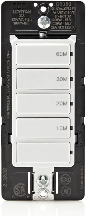 Leviton Countdown Switch for bathroom household lights, 10-20-30-60 min, Neutral Wire Required, 20A, 1HP/16A Fan/Motor, Single Pole, Multi-Way or Multi-Timer, DT260-1LW, White