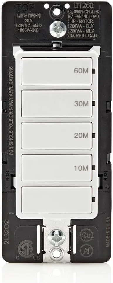 Leviton Countdown Switch for bathroom household lights, 10-20-30-60 min, Neutral Wire Required, 20A, 1HP/16A Fan/Motor, Single Pole, Multi-Way or Multi-Timer, DT260-1LW, White