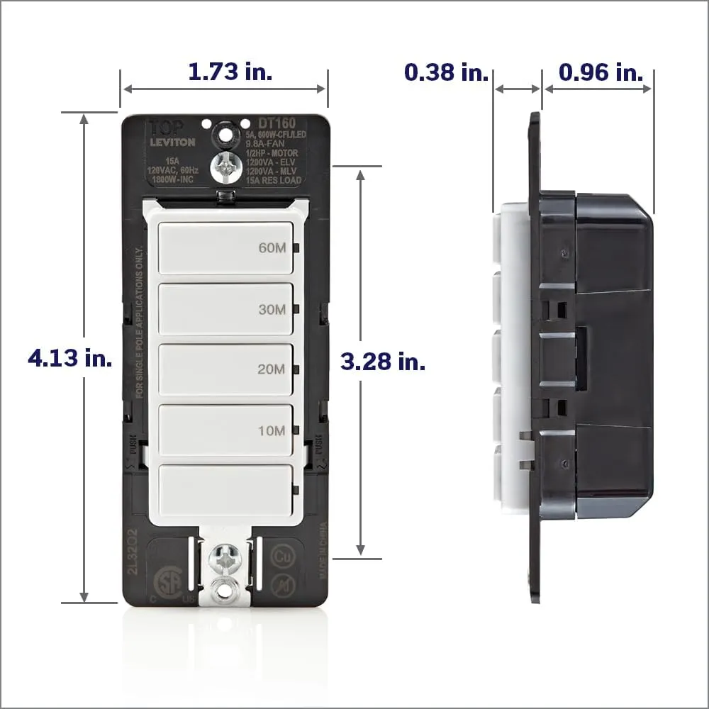 Leviton Countdown Timer Switch for bathroom fan and household lights, 10-20-30-60 min, No Neutral Required, Single Pole, 15A, 1/2HP/9.8A Fan/Motor, DT160-1LW, White