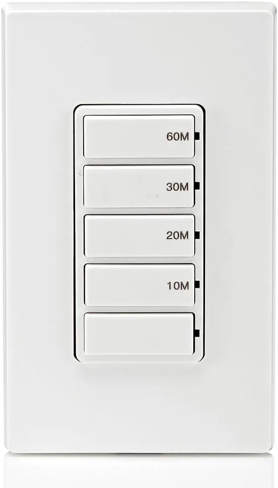 Leviton Countdown Timer Switch for bathroom fan and household lights, 10-20-30-60 min, No Neutral Required, Single Pole, 15A, 1/2HP/9.8A Fan/Motor, DT160-1LW, White