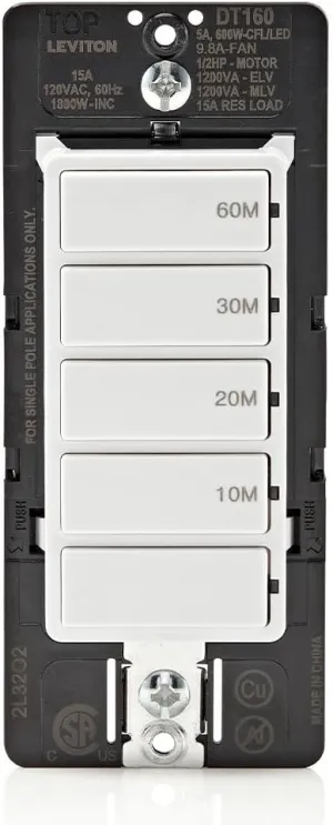Leviton Countdown Timer Switch for bathroom fan and household lights, 10-20-30-60 min, No Neutral Required, Single Pole, 15A, 1/2HP/9.8A Fan/Motor, DT160-1LW, White