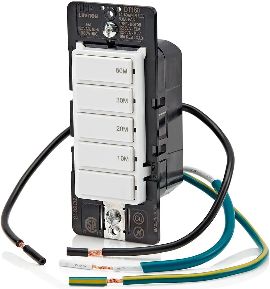 Leviton Countdown Timer Switch for bathroom fan and household lights, 10-20-30-60 min, No Neutral Required, Single Pole, 15A, 1/2HP/9.8A Fan/Motor, DT160-1LW, White