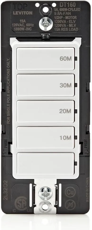 Leviton Countdown Timer Switch for bathroom fan and household lights, 10-20-30-60 min, No Neutral Required, Single Pole, 15A, 1/2HP/9.8A Fan/Motor, DT160-1LW, White