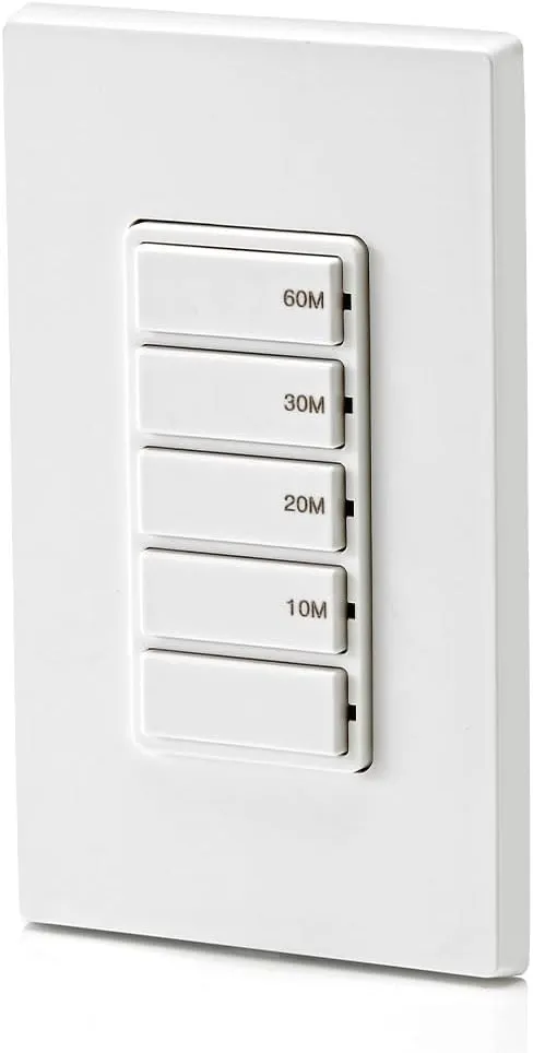 Leviton Countdown Timer Switch for bathroom fan and household lights, 10-20-30-60 min, No Neutral Required, Single Pole, 15A, 1/2HP/9.8A Fan/Motor, DT160-1LW, White