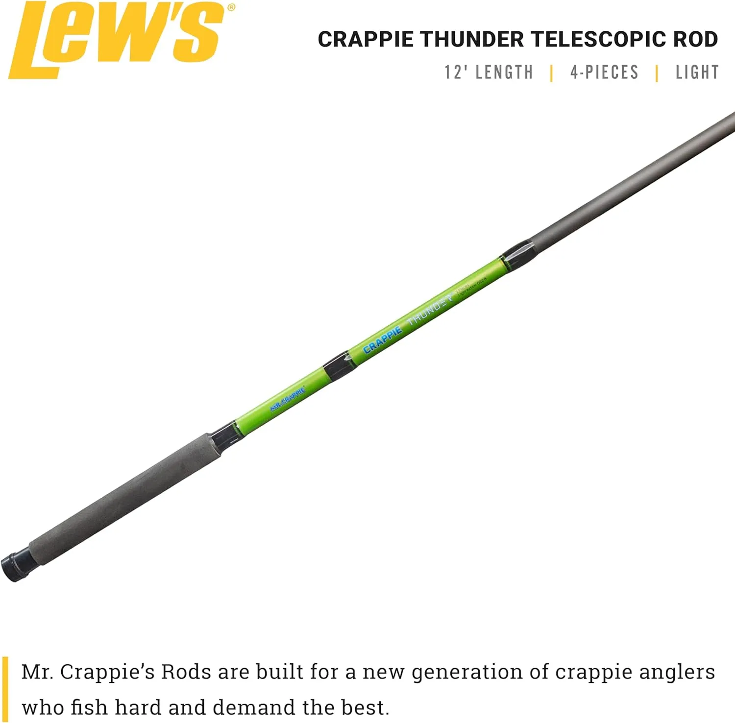 Lew's Crappie Thunder Telescopic Fishing Rod, Light Power, Fast Action, Premium Fiberglass Blank, EVA Foam Handle, Crappie Thunder Green
