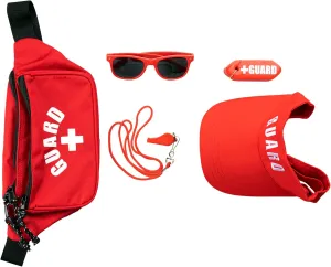 Lifeguard 6 Piece Accessories Kit - Fanny Pack First Aid Pouch w/Adjustable Waist Hip Strap, Red Sun Visor w/Adjustable Strap, Whistle & Lanyard, Red Sunglasses, Rescue Tube Float Keychain