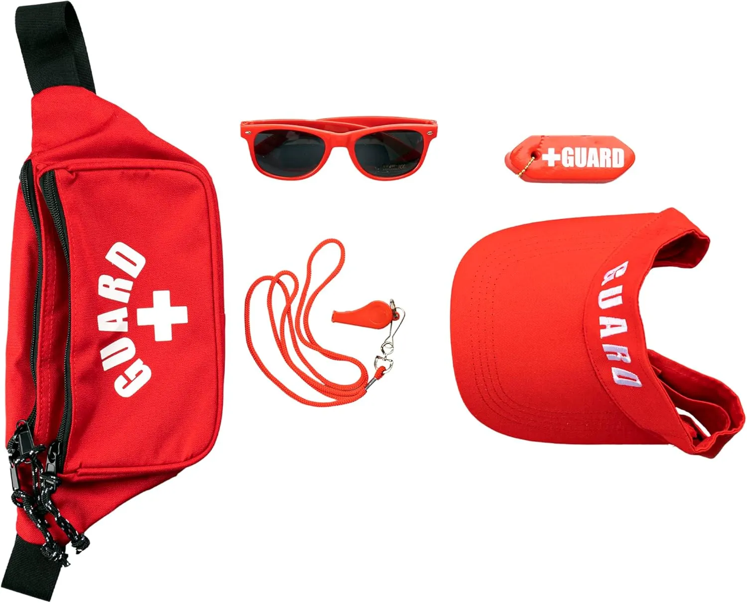 Lifeguard 6 Piece Accessories Kit - Fanny Pack First Aid Pouch w/Adjustable Waist Hip Strap, Red Sun Visor w/Adjustable Strap, Whistle & Lanyard, Red Sunglasses, Rescue Tube Float Keychain