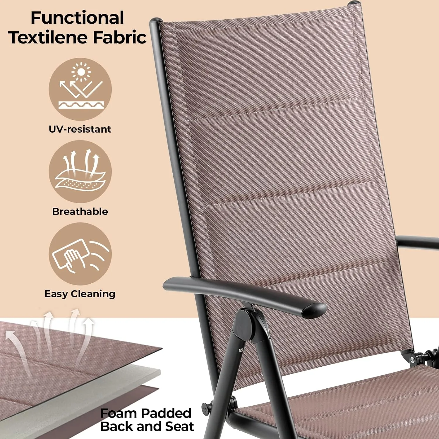 LIFERUN Folding Patio Chairs Set of 2, Outdoor Dinning Chairs with Anti-Rust Aluminum Frame and Foam-Padded Textilene Fabric, Weatherproof, No-Assembly, Portable Chairs for Garden, Yard & Balcony