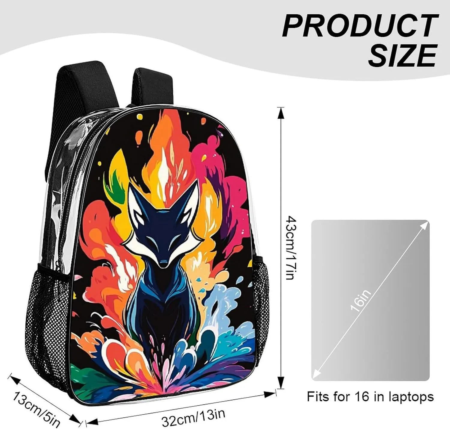 Lightweight Daypack Backpack for Trekking Work Running - Big Capacity Multipurpose Transparent Bookbag, Colorful Nine Tailed Fox Art Business Computer Bag