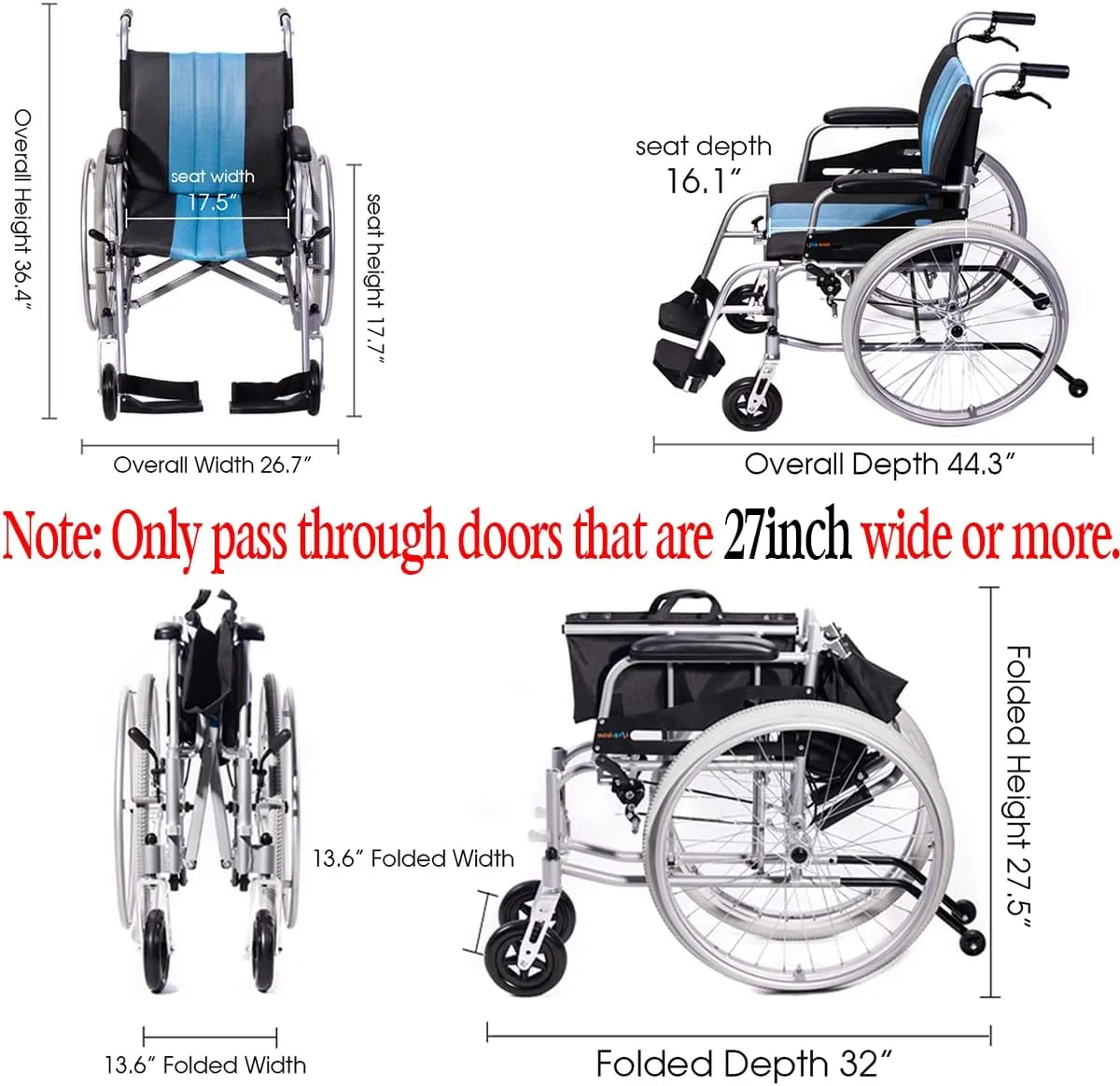 Lightweight Wheelchair 21lbs Self-propelled Chair with Travel Bag and Cushion, Portable 17.5” W Seat, Brake, Anti-Tipper, Swing-Away Footrests, 220lbs Weight Capacity, Blue (Pack of 1)