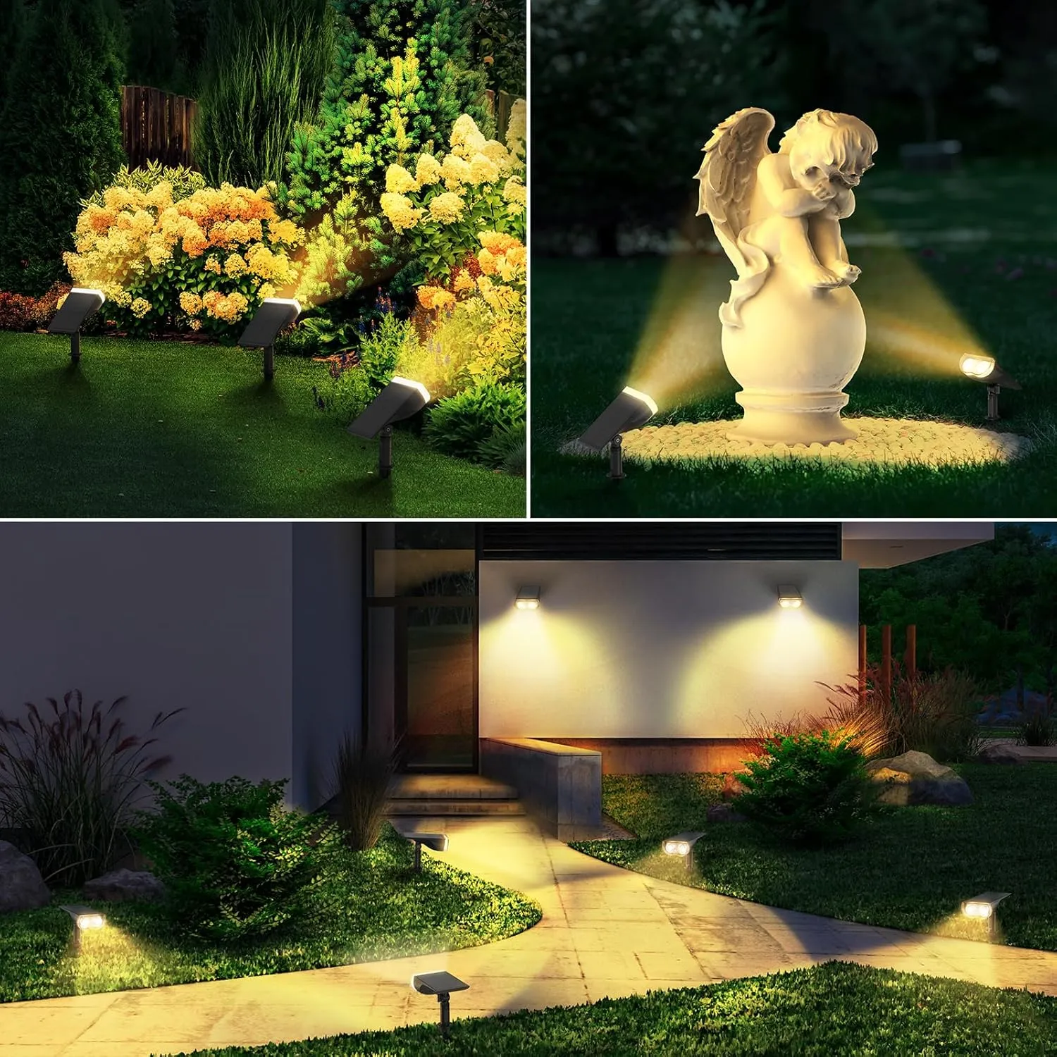 Linkind Solar Lights Outdoor Waterproof IP67, StarRay Dusk-to-Dawn Outdoor Solar Lights, 3 Lighting Modes Solar Spot Lights Outdoor for Garden, Yard, Landscape (Warm White, 4 Pack)