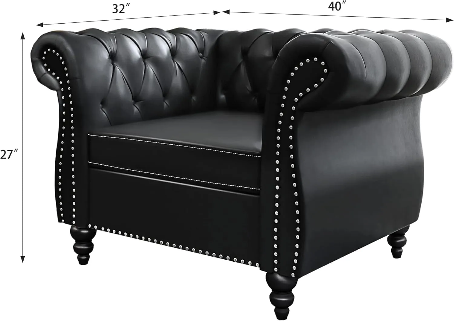 Living Room Chair, Modern Leather Chesterfield Sofa Chair, Mid Century Single Sofa Couch Chair with Tufted Back and Rolled Arms, Accent Sofa Chair for Living Room Apartment, Black