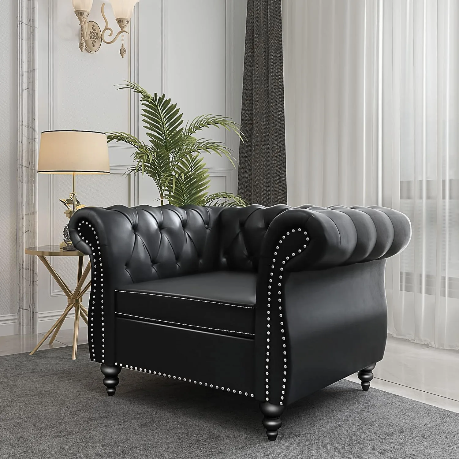 Living Room Chair, Modern Leather Chesterfield Sofa Chair, Mid Century Single Sofa Couch Chair with Tufted Back and Rolled Arms, Accent Sofa Chair for Living Room Apartment, Black
