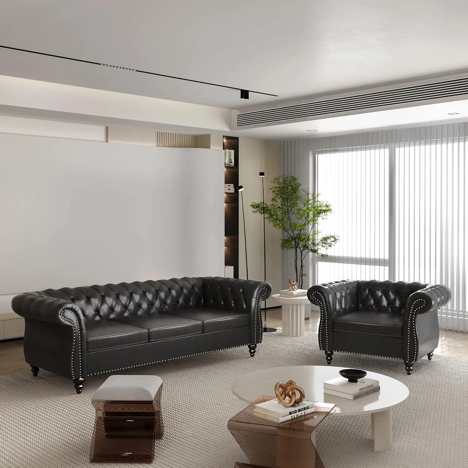 Living Room Chair, Modern Leather Chesterfield Sofa Chair, Mid Century Single Sofa Couch Chair with Tufted Back and Rolled Arms, Accent Sofa Chair for Living Room Apartment, Black