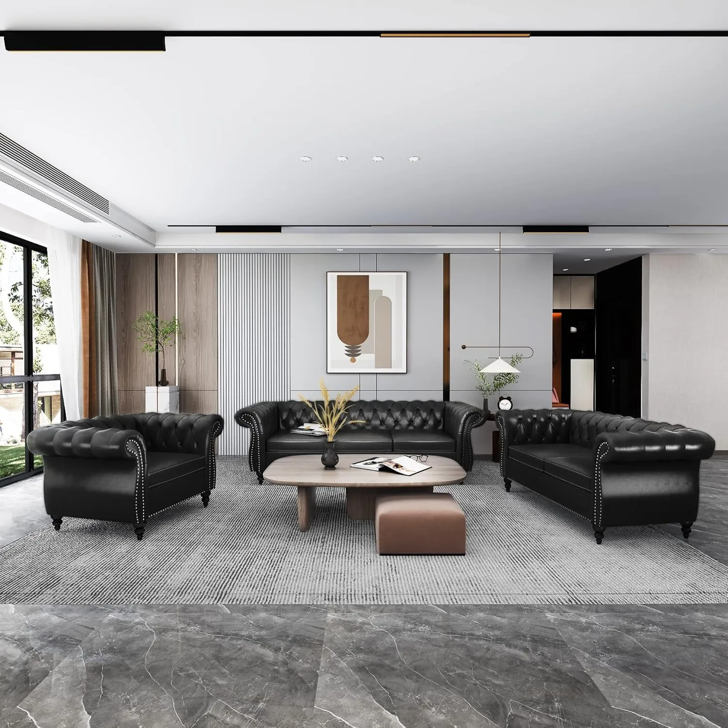 Living Room Chair, Modern Leather Chesterfield Sofa Chair, Mid Century Single Sofa Couch Chair with Tufted Back and Rolled Arms, Accent Sofa Chair for Living Room Apartment, Black