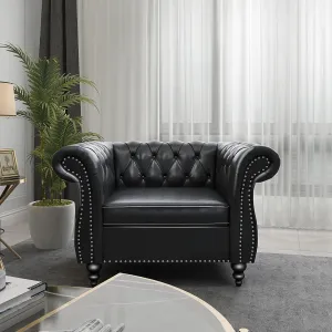 Living Room Chair, Modern Leather Chesterfield Sofa Chair, Mid Century Single Sofa Couch Chair with Tufted Back and Rolled Arms, Accent Sofa Chair for Living Room Apartment, Black
