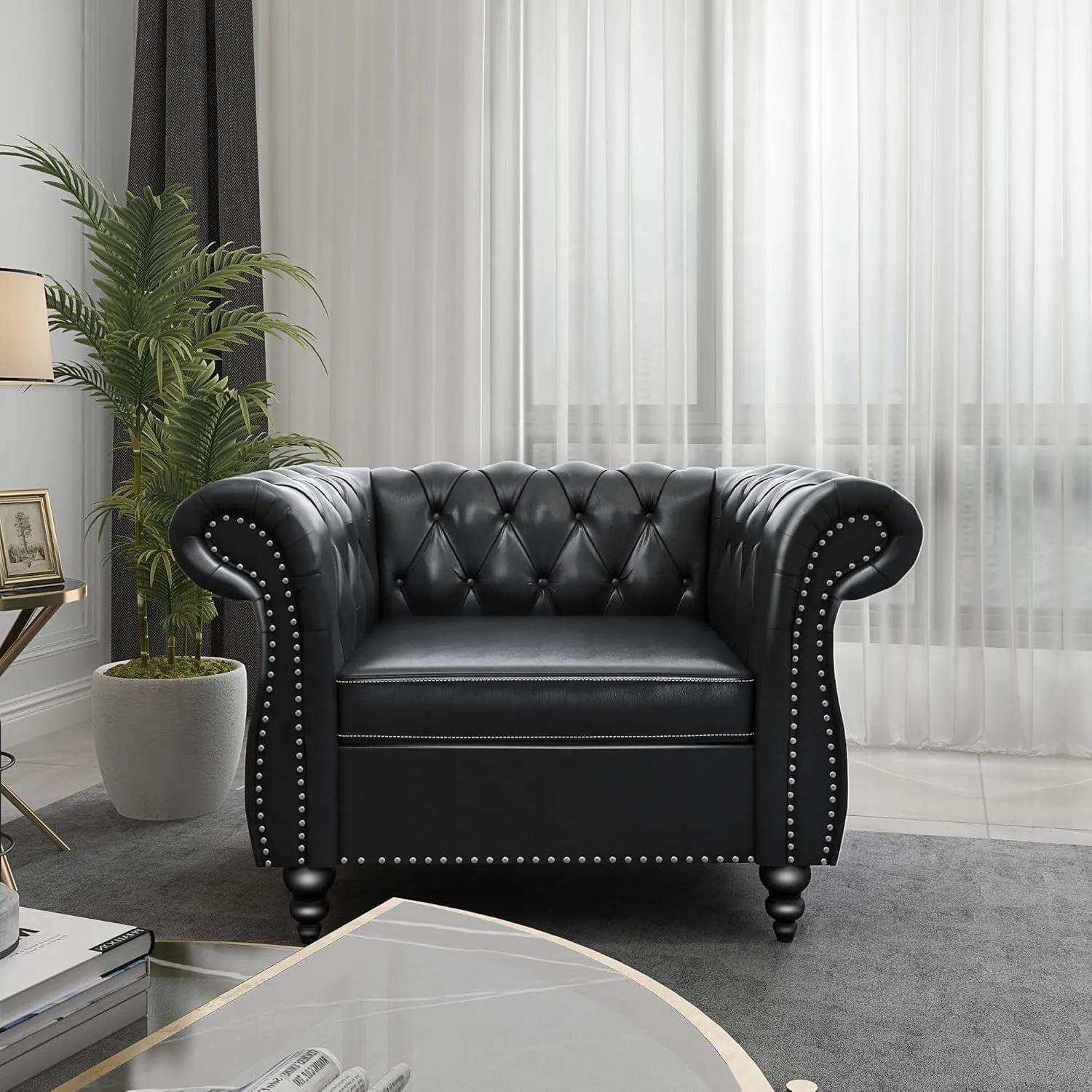 Living Room Chair, Modern Leather Chesterfield Sofa Chair, Mid Century Single Sofa Couch Chair with Tufted Back and Rolled Arms, Accent Sofa Chair for Living Room Apartment, Black